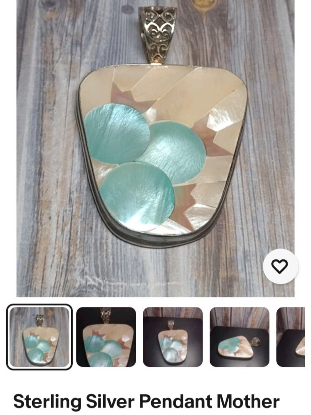 Sterling Silver Mother of Pearl Pendant with Aqua Shell Inlay Design "3.5